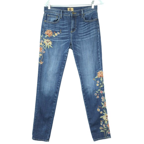 Free People Denim - Free People Driftwood Jeans Jackie Slim Fit Floral Embroidered Orange Red Boho